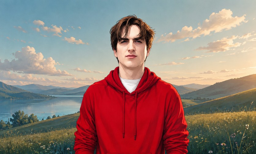 Painted portrait of Flynn Fireborn in a red hoodie, standing on a grassy hillside above a lake at golden hour.